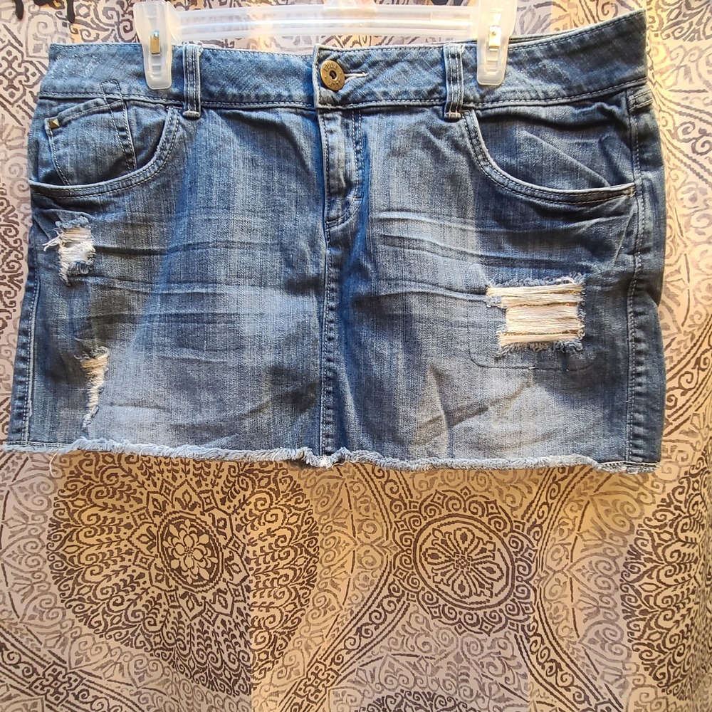 Elle Denim‎ Mini Skirt Womens 16 Distressed Raw Hem Pocket Detail Y2K Low Rise